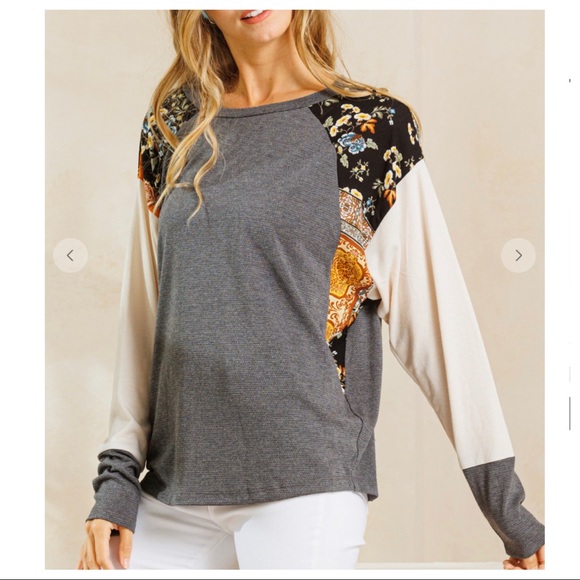 #04 Boho Color Block Long Sleeve Stretch Top - Picture 5 of 7